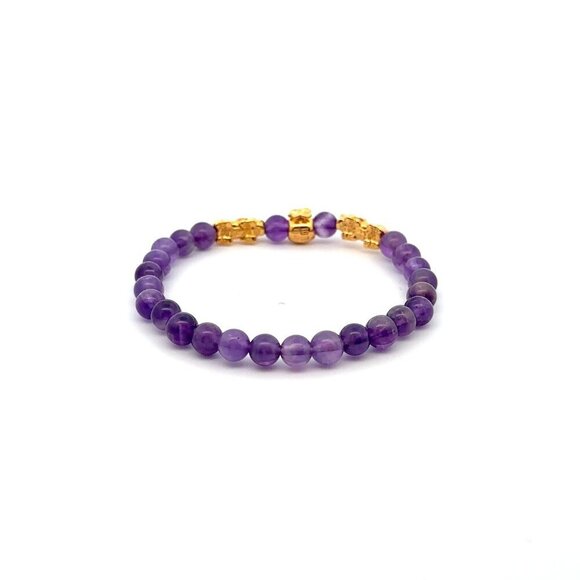 18K Gold Pixiu Piyao Money Bag Charm Bracelet Birthstones Gemstone Amethyst 6mm - Picture 2 of 4